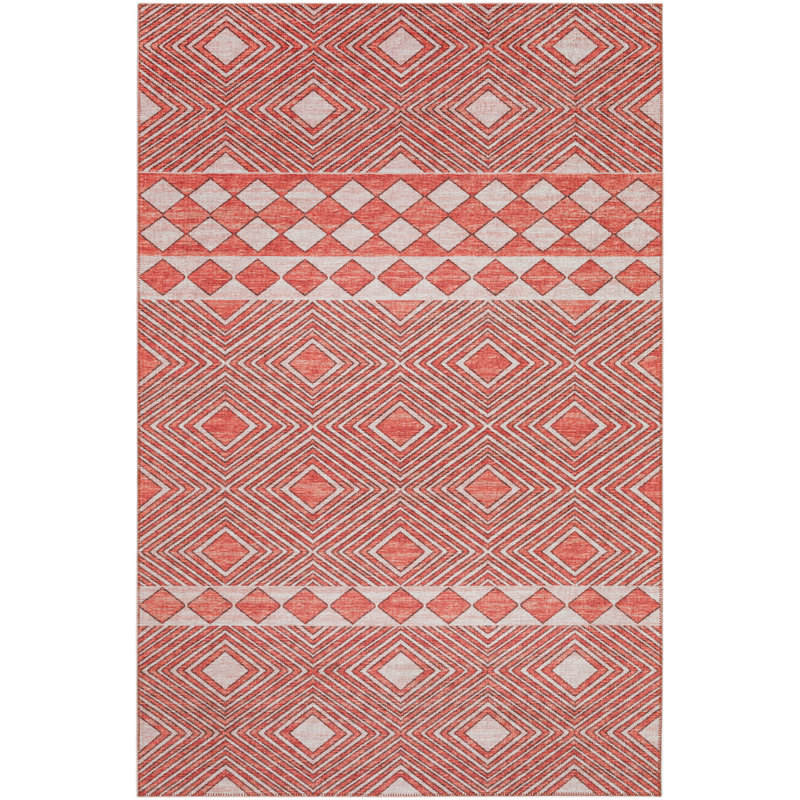 Tapis géométrique rouge / blanc tissé à la machine, Rectangle 10 pi x 14 pi