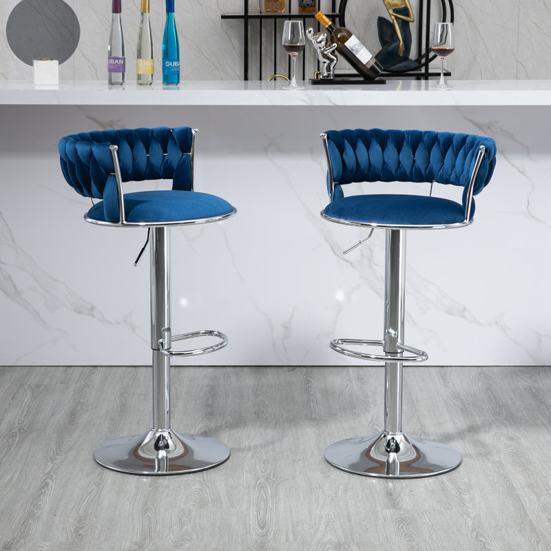 Andraya Swivel Upholstered Adjustable Height Counter Stool with Metal Frame, Blue