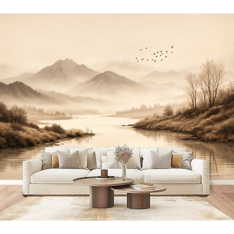 Papier peint à peler et à coller rétro, paysage montagneux brumeux, rivière, arbres sépia, peintures murales sépia, H 69 po x l 96 po, papier peint amovible en PVC, peintures murales auto-adhésives, décoration pour le salon de la chambre à coucher