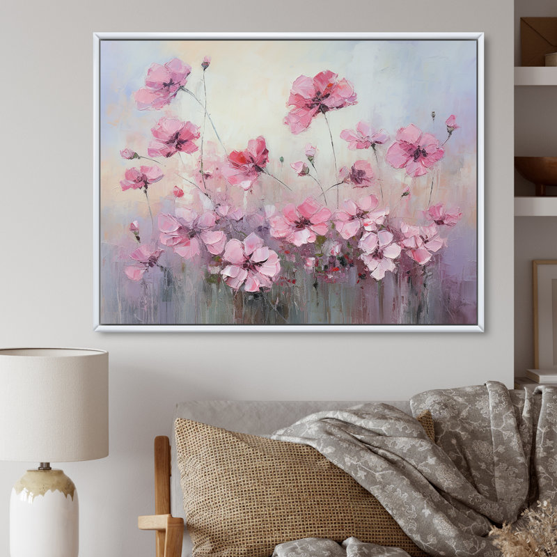 Nature morte aux géraniums roses I, Cadre flottant blanc, H 34 po x l 44 po x P 1,5 po