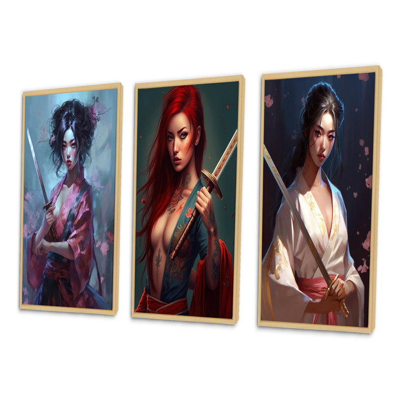 «Samurai Cyberpunk Chick», 3 pièces sur toile, Cadre naturel flottant, H 32 po x l 48 po