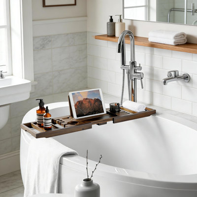 Expandable Teak Bathtub Tray, Wooden Bath Caddy For Home Spa Relaxation