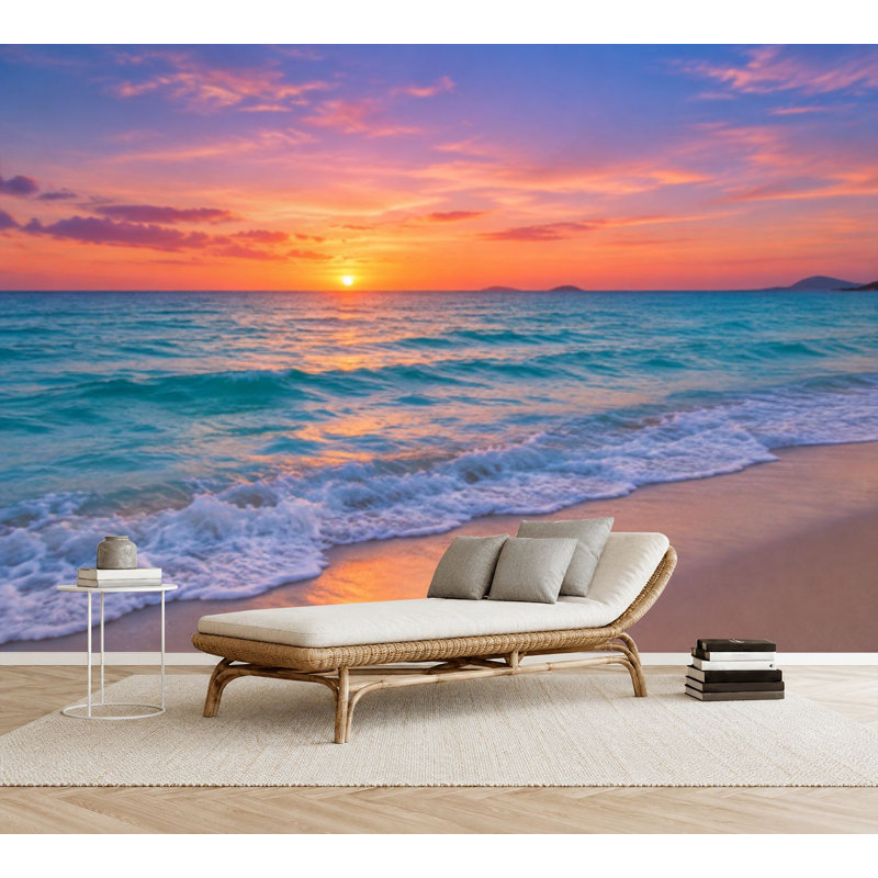 Papier peint adhésif autocollant de plage bord de mer rose Sunset Sunset, L 69 po x l 96 po