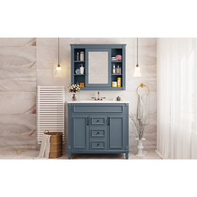 Armoire de salle de bain Modern Modern, miroir bleu 36 po, unité de rangement 2 portes et tiroirs avec miroir