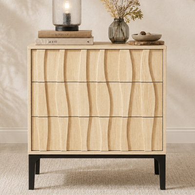 Table de chevet 3 tiroirs de style Mid-Century moderne avec façades en bois texturé