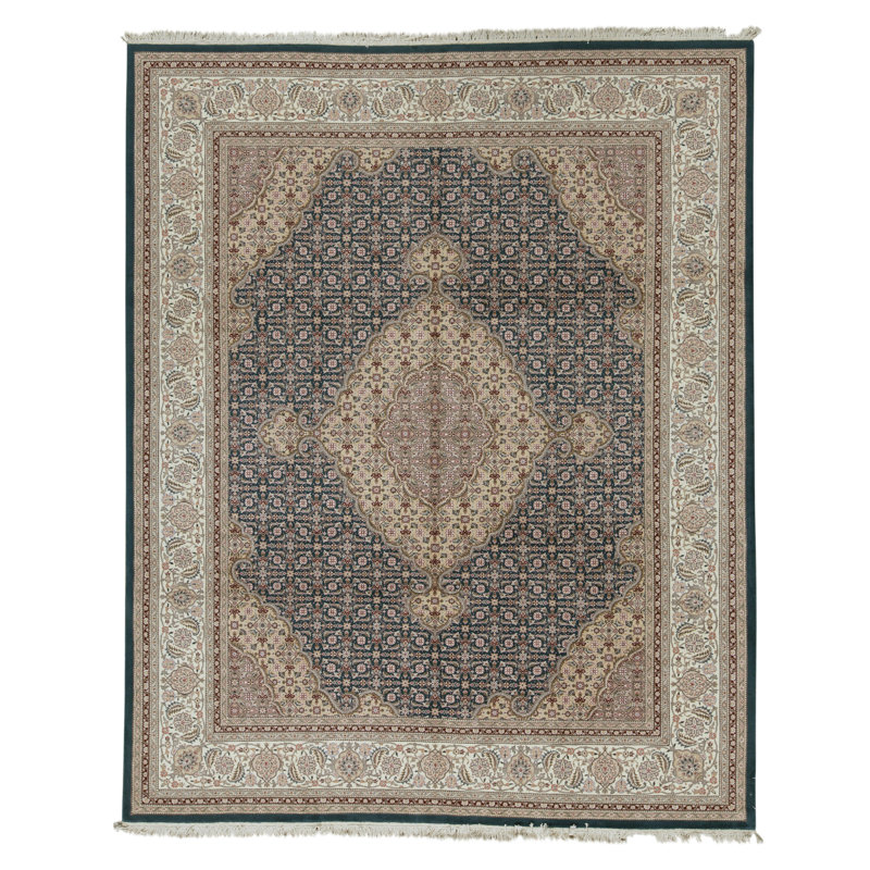 Tapis vert et ivoire noué à la main de haute qualité