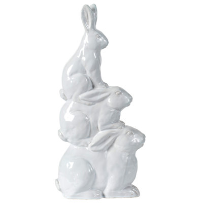 17” Stacked Rabbit Trio Sculpture, Glossy White Ceramic Bunny Figurine for Mantel, Tabletop, Shelf, or Seasonal Centerpiece 