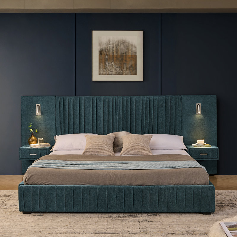Très grand cadre rembourré Lillie avec tissu chenille plissé, Bleu-vert