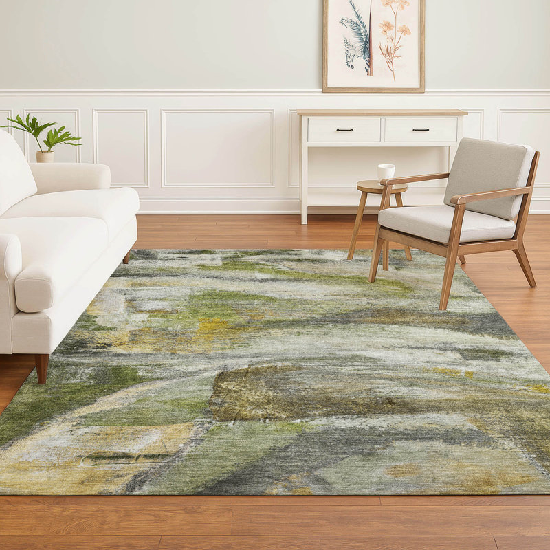Premium Machine Washable Mayfield AMF2039 Abstract Rug, Olive, 2'6" x 3'10"