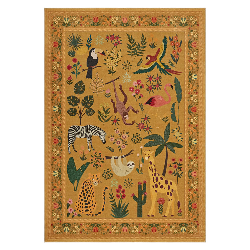 5x7 Rug, Washable Animal Living Room Rug with Non Slip Vintage Design, Soft Low Pile Large Carpet for Bedroom, Nursery, Dining Room, Farmhouse, Playroom, Kids Room, Yellow