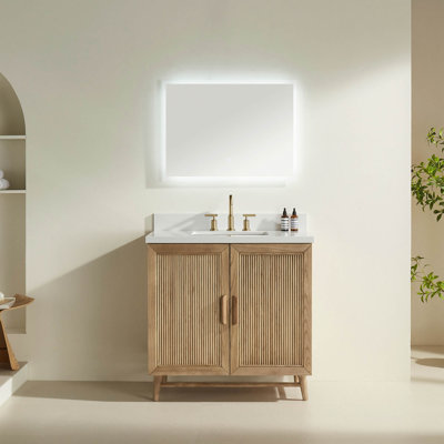 Meuble-lavabo autoportant de 36 po entièrement assemblé avec fabrication en bois massif et plateau blanc d'ingénierie
