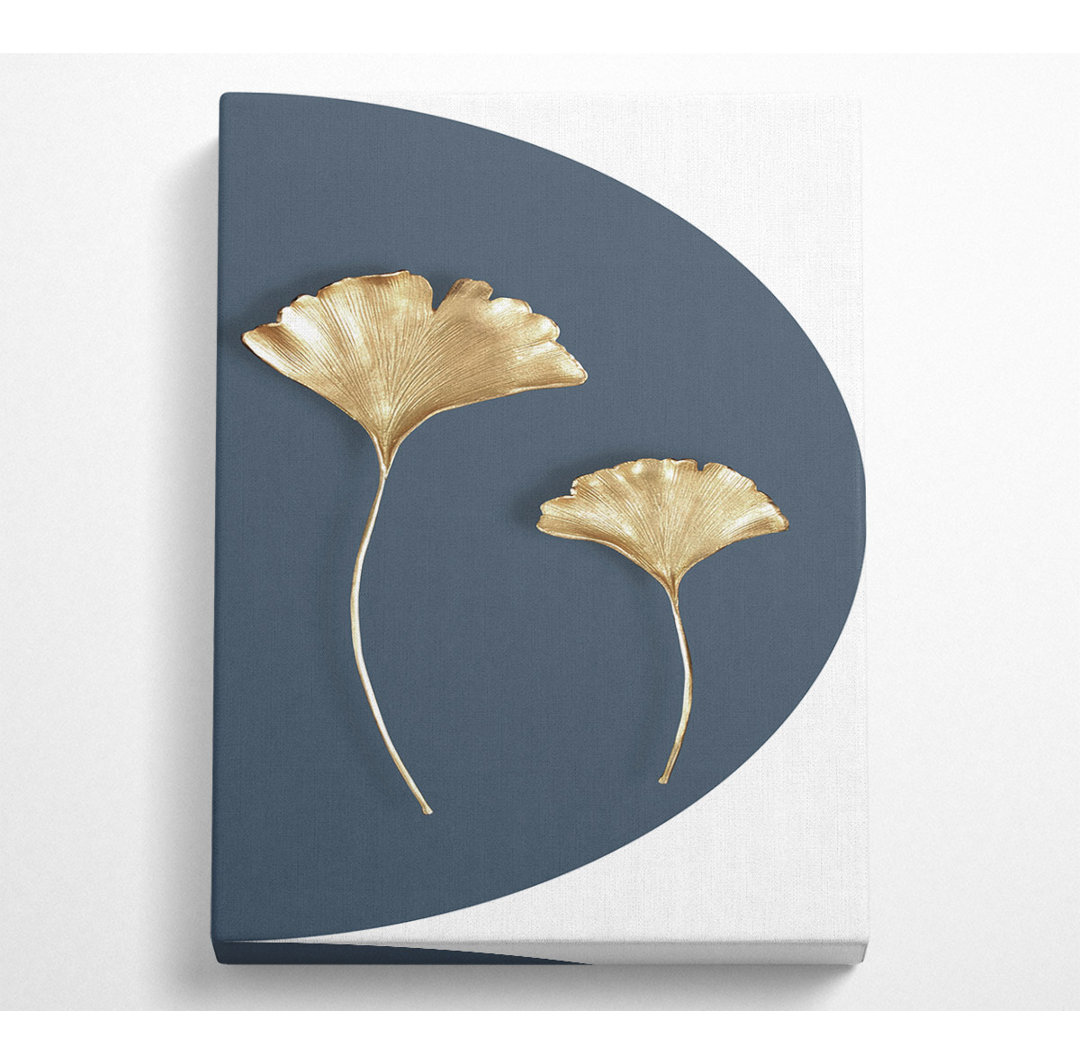 Gold Leaves On Blue And White - No Frame Kunstdrucke auf Leinwand