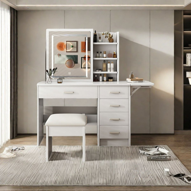 Meuble-lavabo à 5 tiroirs avec miroir et lumière, coiffeuse avec fauteuil, 3 modes d'éclairage