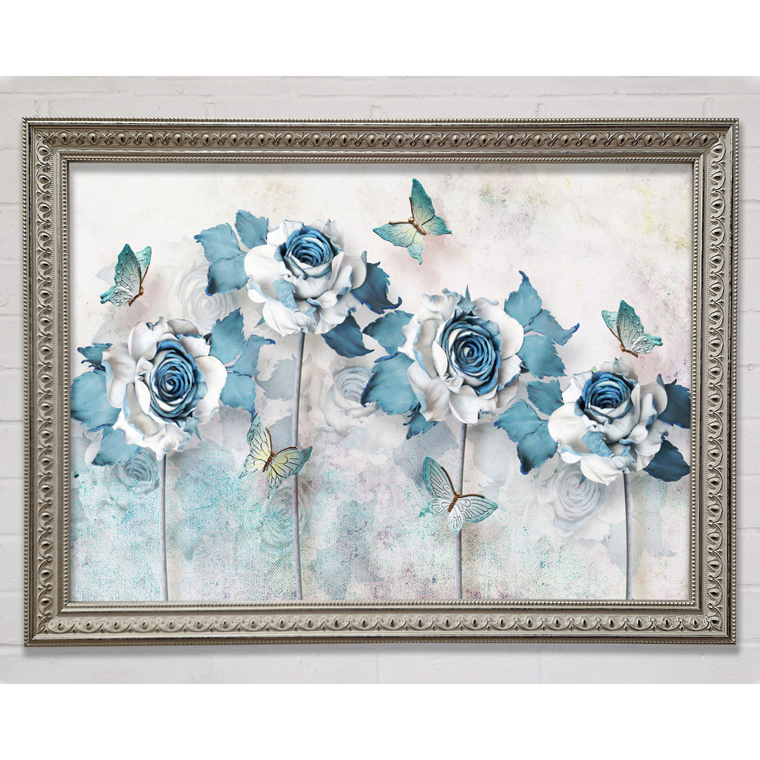 Teal Roses And Butterflies - Einzelner Bilderrahmen Kunstdrucke