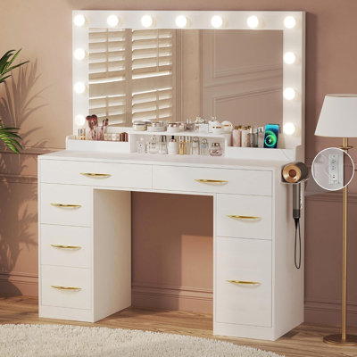 Large Size Makeup Vanity With Lights, Built-in Outlet, 7 Drawers