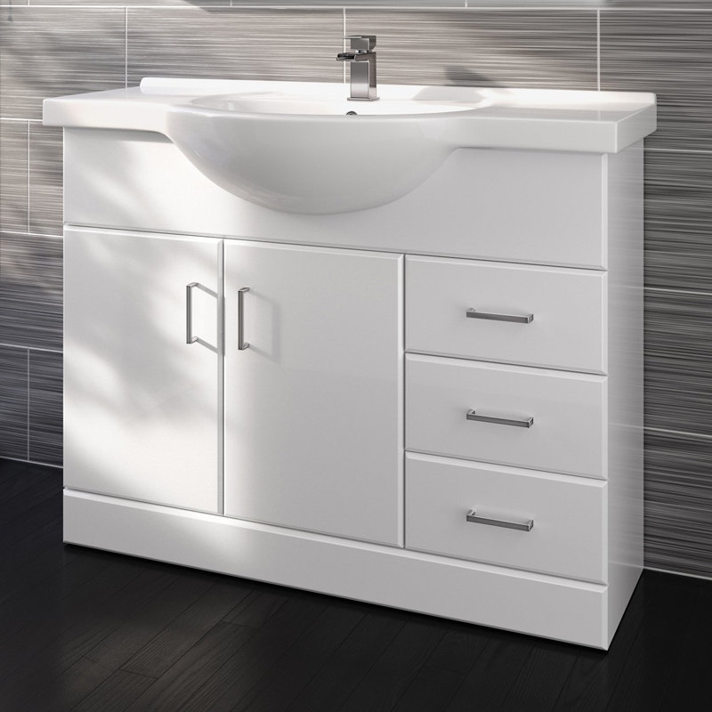iBathUK 1050mm White Gloss Basin Vanity Unit Sink Cabinet Bathroom Drawer Storage Furniture