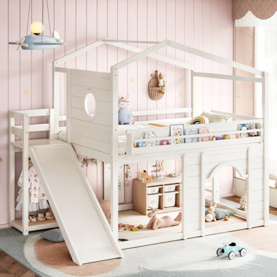 Lit mezzanine en bois avec fenêtre ronde et porte arquée DreamHaven