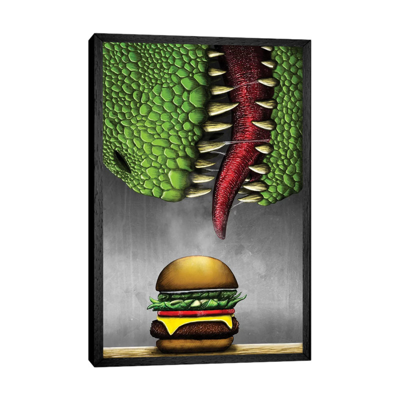 T-Rex With Cheeseburger by Trevor Wayne - Painting on Canvas, 66.04cm H x 45.72cm W x 3.81cm D, Black Framed
