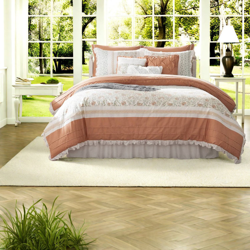 Elegant Coral Bedding Sets, Cotton Comforter, Farmhouse Bedroom Décor