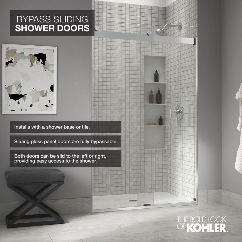 Levitysliding Bath Door, 62-In H X 56-5/8 - 59-5/8-In W, With 5/16-In Thick Crystal Clear Glass, Nickel