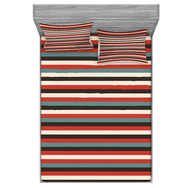 Microfiber Striped Sheet Set, Full Sheet Set with Fitted Sheet, Dark Turquoise/Red/Black Striped