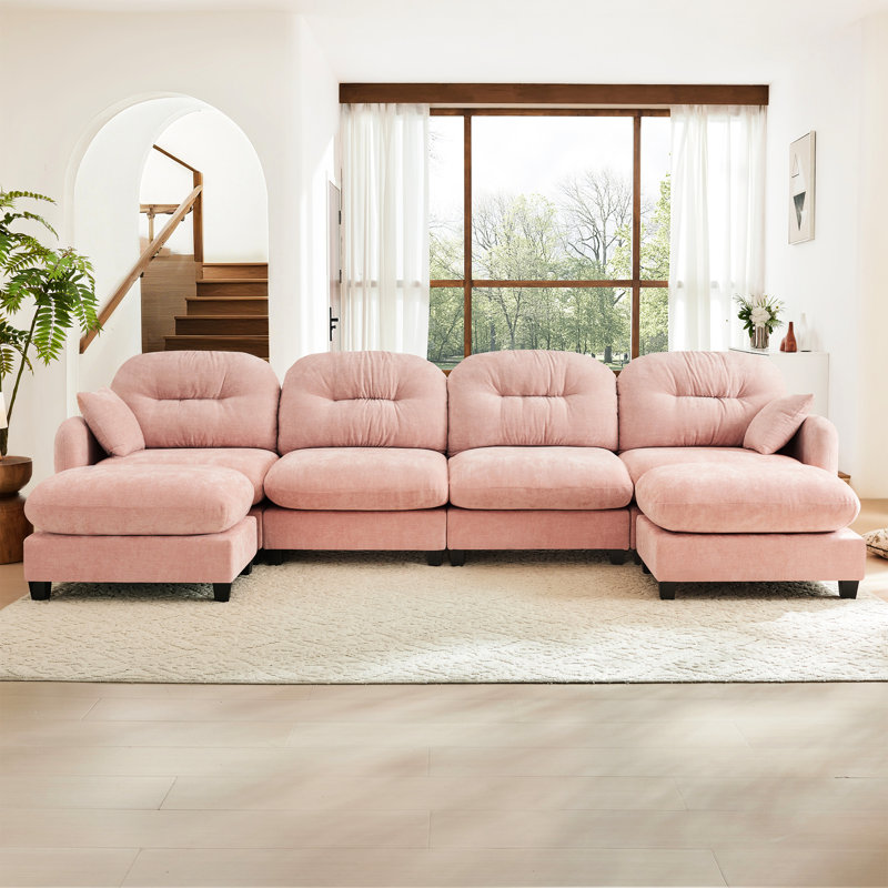 Canapé modulaire rose à 4 places avec configuration en forme de U et tissu chenille confortable, ensemble de ressorts ergonomique, coussin plissé, idéal pour les salons Matériau respirant à 4 places