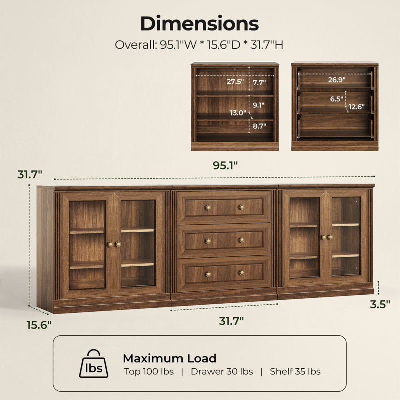 Collection de buffets et de meubles de rangement modulaires Monos 95'' avec portes en acrylique et tiroir de rangement (ensemble de 3)