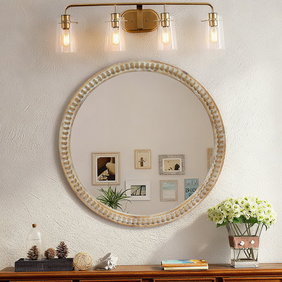 Miroir mural rond rond, miroir à cadre perlé en bois vieilli 35,43 po pour hall d'entrée, salon, salle de bain, miroir décoratif de style maison de campagne