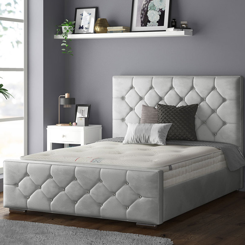 Chen Upholstered Bed, Double (4'6), Silver