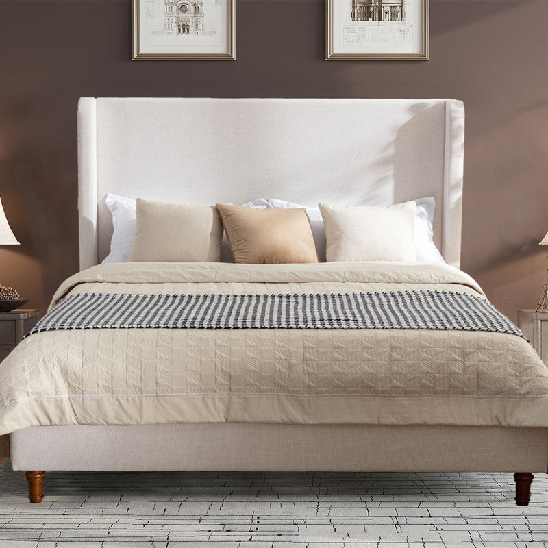 Grand lit tapissier avec tête de lit, tête de lit haute de 54 po, aucun sommier requis, assemblage facile, Très grand, Beige