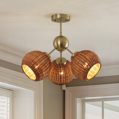 3-Light Gold and Brown Globe Rattan Semi-Flush Mount Ceiling Light