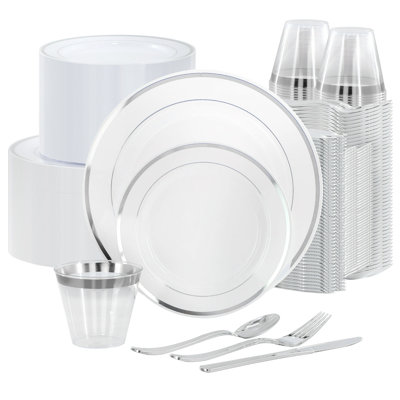 Service de table en plastique jetable 600 pièces pour 100 personnes - blanc avec garniture, assiettes, tasses et couverts dorés