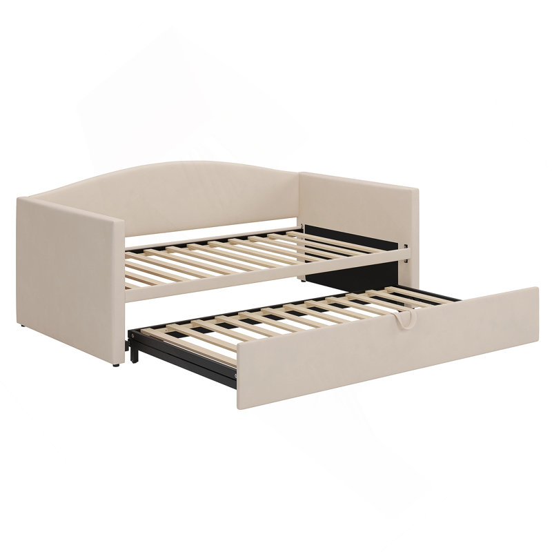 Twin Size Daybed With Extended Pop Up Trundle, Upholstered Sofa Bed Daybed, Space-Saving Twin To King Design,  For Guest Room, Velvet,Beige