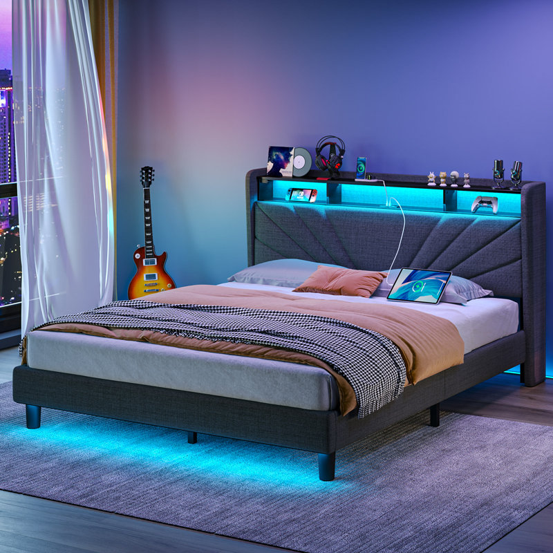 Wenda Upholstered Metal Wingback Storage Bed with Headboard, Charging Station and LED Lights, Full/Double, Gray