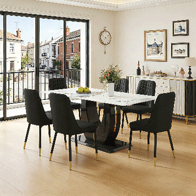 71" Rectangular Dining Table Set For 6 Featuring A Faux Marble Tabletop Paired With PU Leather Chairs. This 7-Piece Dining Set Is Suitable For Homes, Restaurants, And Office Spaces.