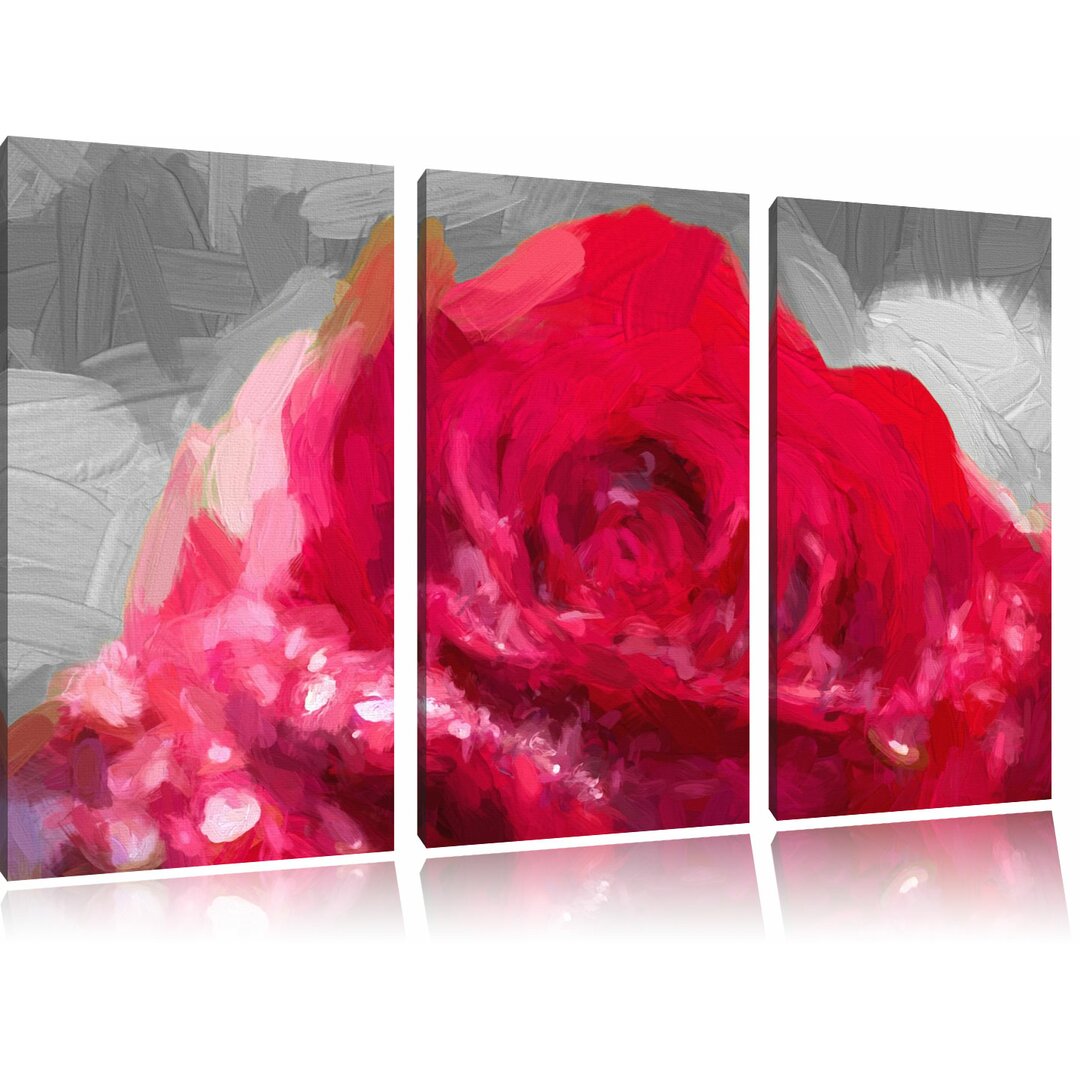 3-tlg. Leinwandbilder-Set „Schöne rote Rose“, Kunstdruck 