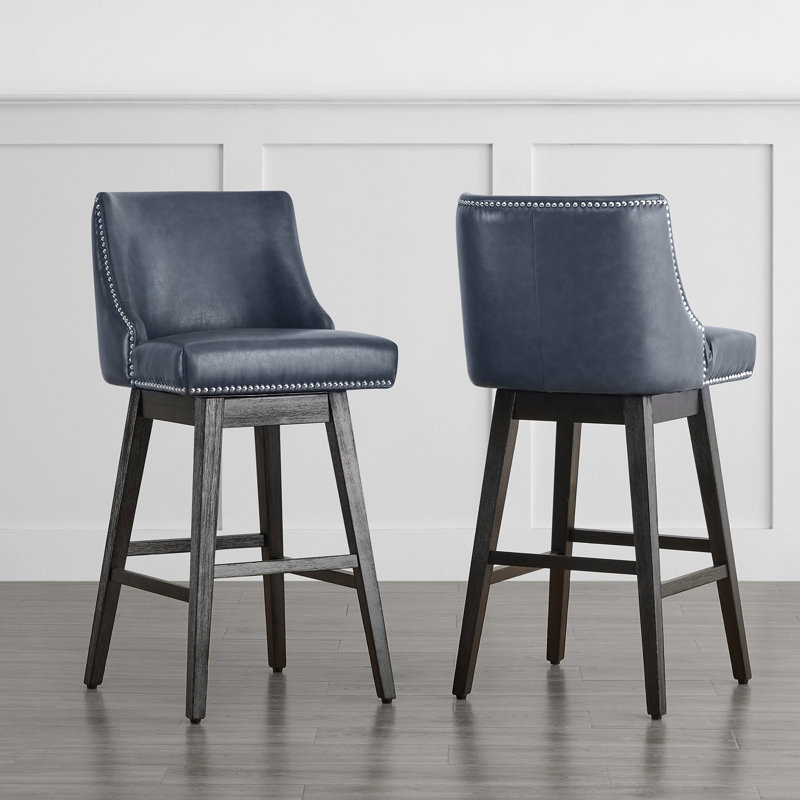 Arvelle Swivel Counter & Bar Stool, Bar Stool (30" Seat Height), Navy Blue Pebbled Faux Leather
