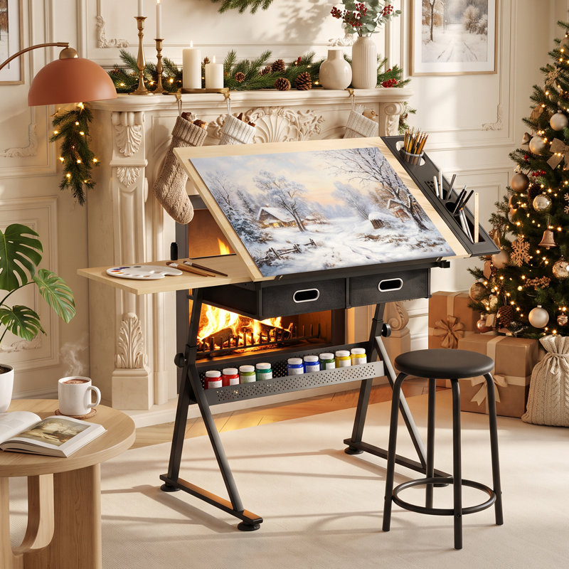 Adjustable Drafting Table, Drawing Desk Art Craft Work Station with Tilting Tabletop, 2 Storage Drawers and Stool