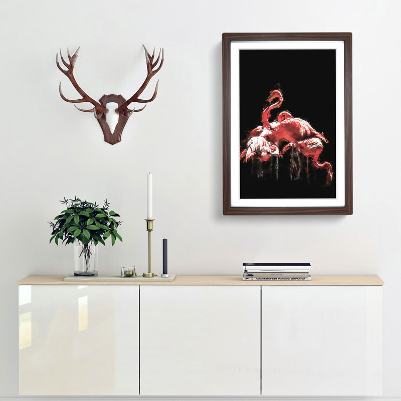 Pink Flamingos in Abstract - Framed Print, 91cm H x 60cm W x 2cm D, Walnut