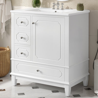 30" Freestanding Bathroom Vanity With Single Sink, 3 Drawers And Door Shelf