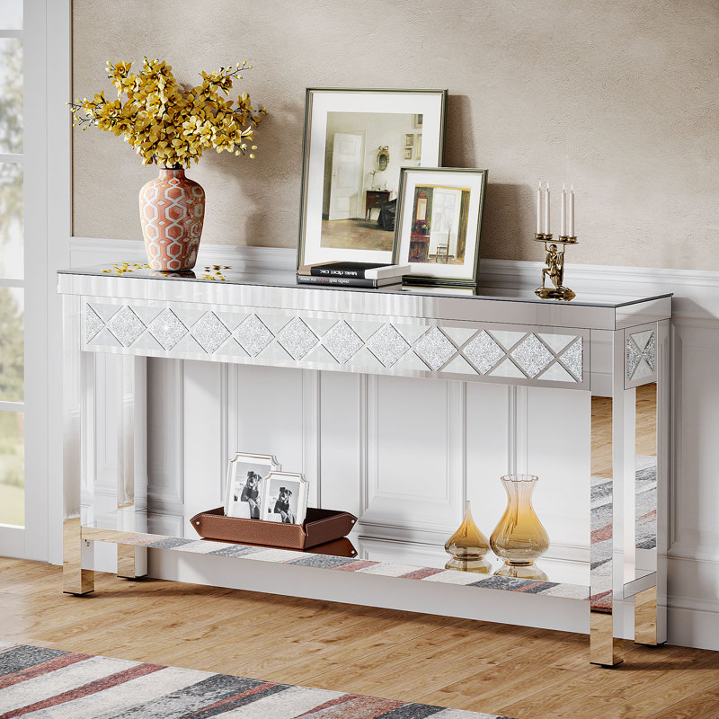 Mirrored Console Table with Shelf, 59" Modern Entryway Table Glass Sofa Table with Mirror Finish