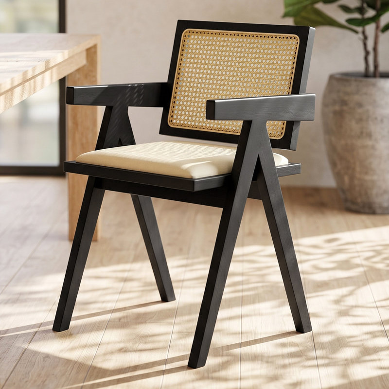 Chaises de salle à manger en bois massif de rotin Mila, noyer / noir , Noir