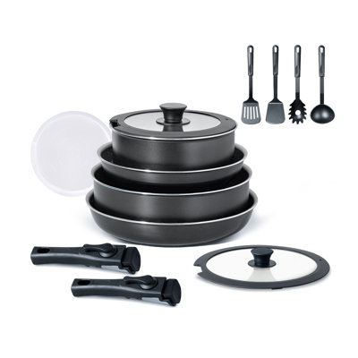 13-Piece Nonstick Cookware Set Detachable Handles RV Cookware Set, Black