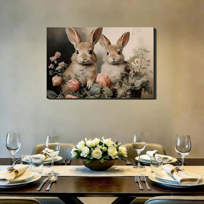 Vintage Easter Bunny & Floral Canvas Wall Art 24X36, Framed Cozy Spring Prints Pictures, Easter Rabbit Canvas Artwork For Bedroom, Living Room, Office, Cute Farmhouse Home Wall Decor