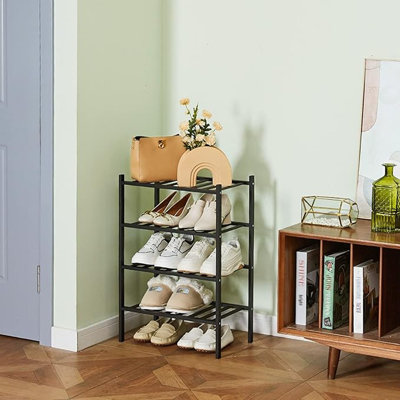 Range-chaussures pour placard d'entrée 4 étagères étroites Range-chaussures de rangement en bambou Étagère à chaussures verticale Petite étagère à chaussures autoportante 11 * 17,7 * 26,2 pouces (noir)