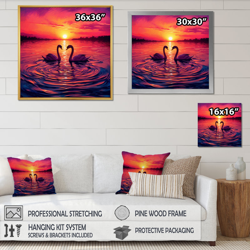 Cygnes amoureux, coucher de soleil romantique I, Cadre flottant noir, H 24 po x l 24 po