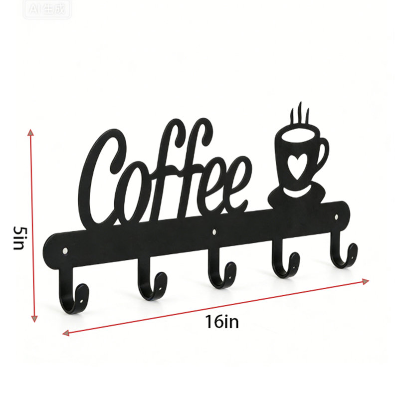 Black 16" Metal Wall Mounted Coffee Mug Rack - 5 Hook Wall Cup Organizer, Wall Mount Storage Holder For Kitchen & Dining, Decorative Mug Storage Wall Decor