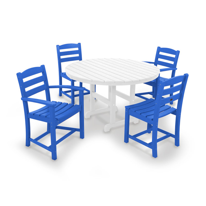 POLYWOOD La Casa Café 5-Piece Round Farmhouse Dining Set, Pacific Blue/White