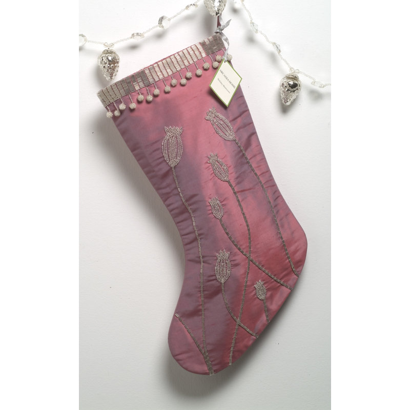 Green Silk Christmas Stocking with Hand Beaded Poppies