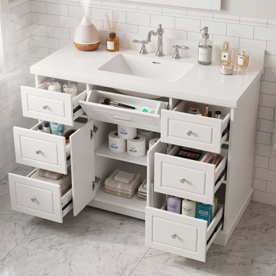 Meuble-lavabo simple de 122 cm (48 po) avec lavabo et dosseret intégrés en surface solide, armoire de rangement à 7 tiroirs, portes à fermeture amortie, style traditionnel autoportant, assemblage requis